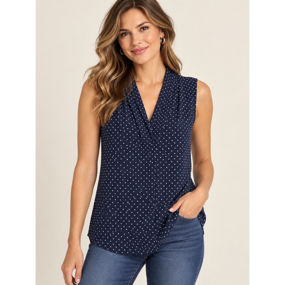 Charter Club Navy White Polka Dot Sleeveless Draped Neck Blouse XL